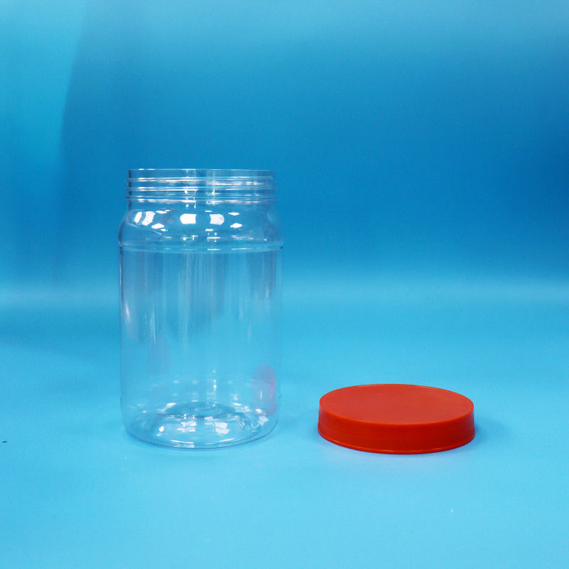 투명한 PET 플라스틱 둥근 식품 과자 쿠키 포장 병 빨간색 색상 나사 모자