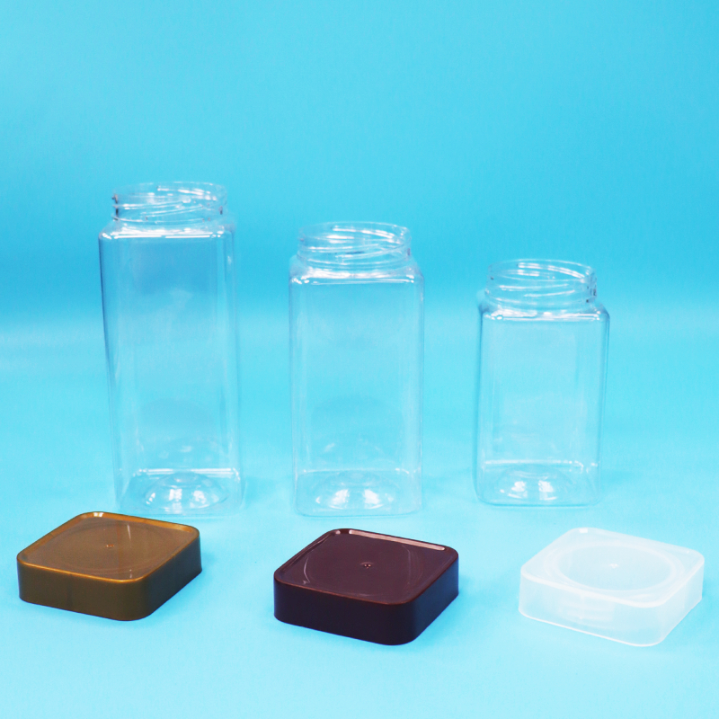 Food Grade Candy Food Snack Nuts PET Transparent Square Plastic Jar Screw Flat Lid