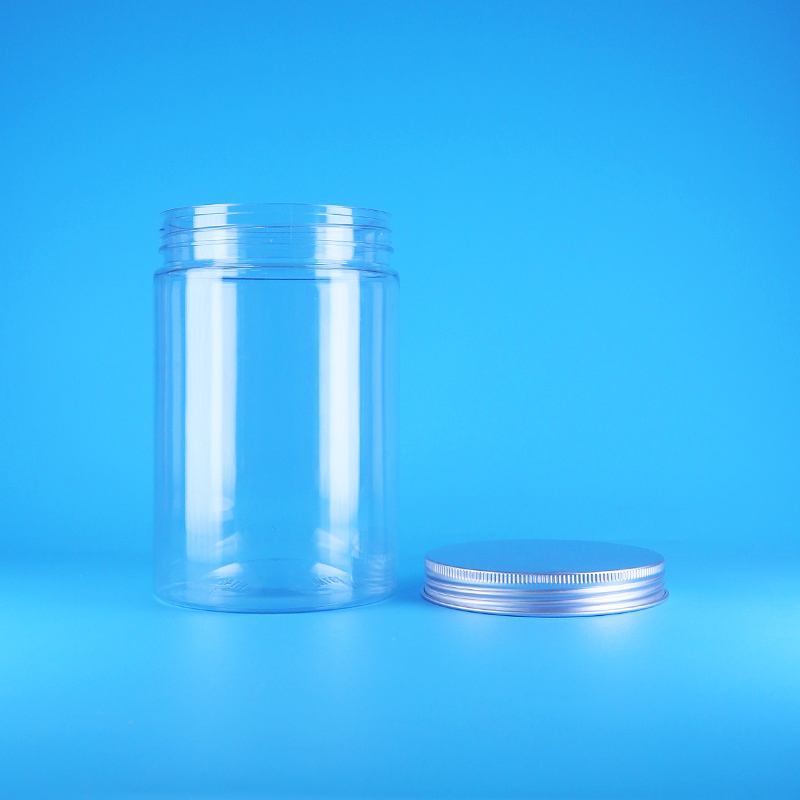 넓은 입구 투명 PET 플라스틱 견과류 식품 사탕 긴 원형 용기 나사 평평한 뚜껑