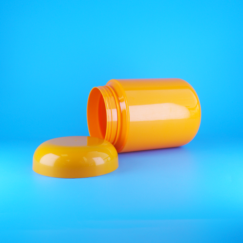 원형 식품 등급 오렌지 플라스틱 PET 스크류 플랫 오렌지 캡 쿠키 사탕 병