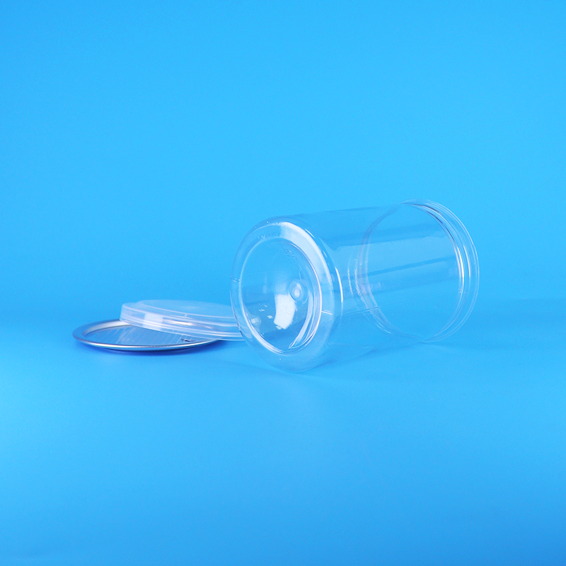 Bpa 프리 투명 라운드 PET 플라스틱 사탕 요구르트 아기 음식 쿠키 캔 PE 뚜껑